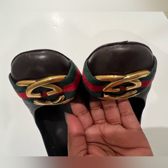 Gucci Brown Leather Signature Web Interlocking GG Buckle Heels - Picture 5 of 6